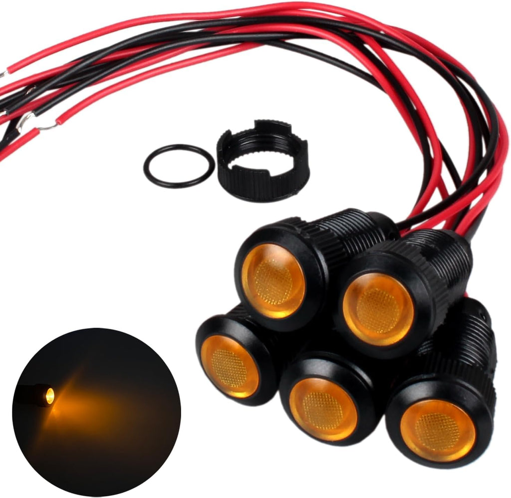 5pcs 12mm 12V-24V LED Indicator Light Plastic Black Signal Dot Lamp 12V-24V 1/2 inches Mounting Hole Size with 15cm/5.9in. Wire (Yellow LED)