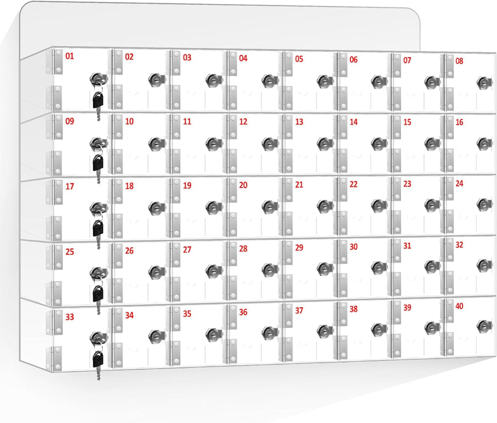 40 Slots Clear Acrylic Cell Phone Locker Box Wall-Mounted with Keys, Lockable Secure Storage Cabinet for Classroom Office Gym, Multi-Use Phone Lock Organizer for Employees Students (Large)