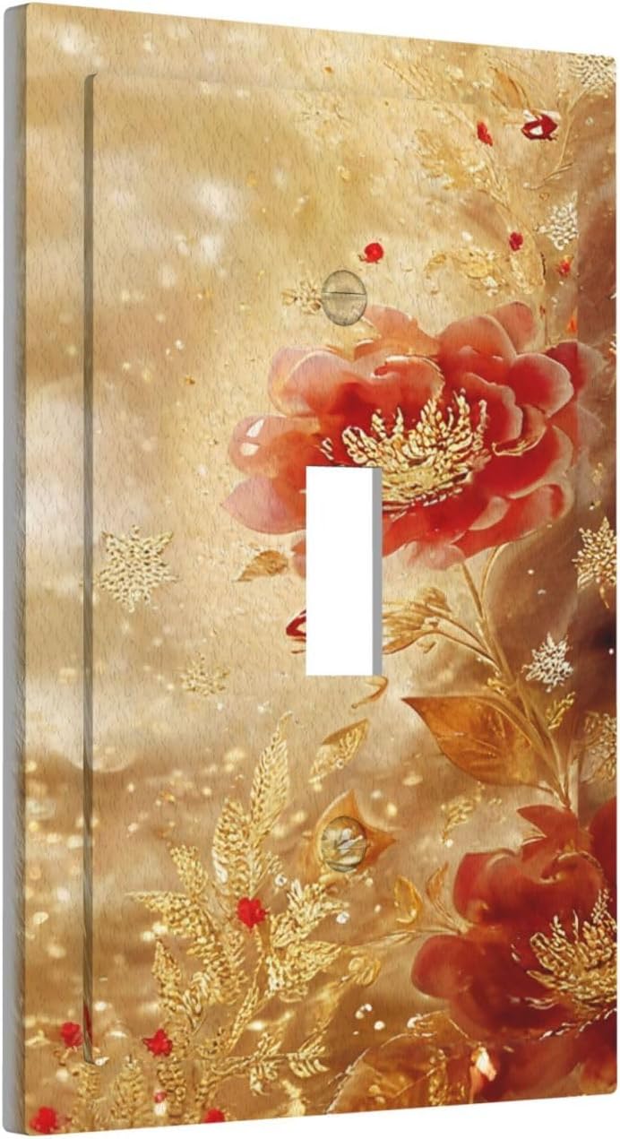 Decorative Light Switch Cover Plate Golden Leaf Red Peony Flowers Floral 1 Gang Wall Plate Oversized Single Toggle Wall Cover Plate Jumbo Electrical Switchplate Faceplate