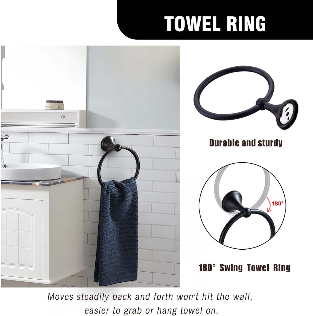 Matt Black Bathroom Accessory Set, Adjustable Towel Bar,Towel Ring,Toilet Paper Holder,Robe Hook 4-Piece Bathroom Hardware Set Wall Mounted (Matt Black)