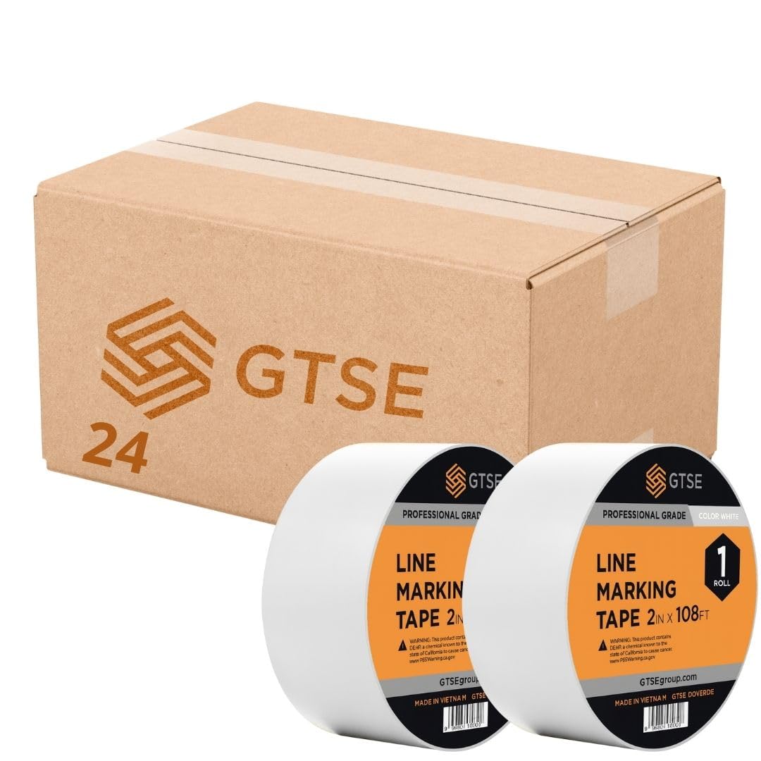 GTSE 2 inch x 108 ft White PVC Vinyl Floor Tape, 24 Rolls, Safety Marking Tape, 6 mil Thick, Suitable for Dance Floors, Gyms, Warehouses, Sports Facilities