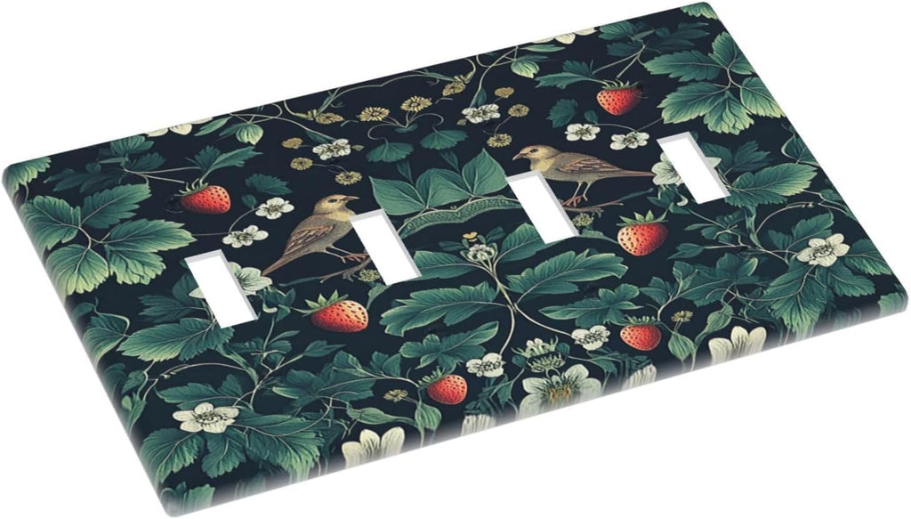Light Switch Covers Strawberry Birds Flowers Plant Morris Floral Quad Toggle Electrical Faceplate 4 Gang Wall Plate Decorative Switch Plates for Bedroom Farmhouse Decor