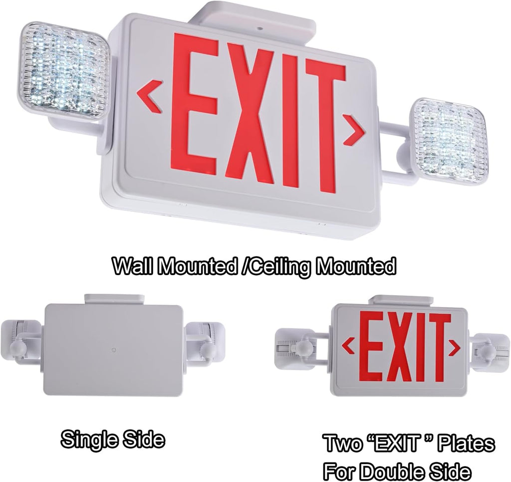 Red Exit Sign with Emergency Lights, 200lm 3Hours Plug in Exit Sign Battery Backup Lights for Business,Commerical Emergency Lighting Combo UL 924 AC85-277V Double Face