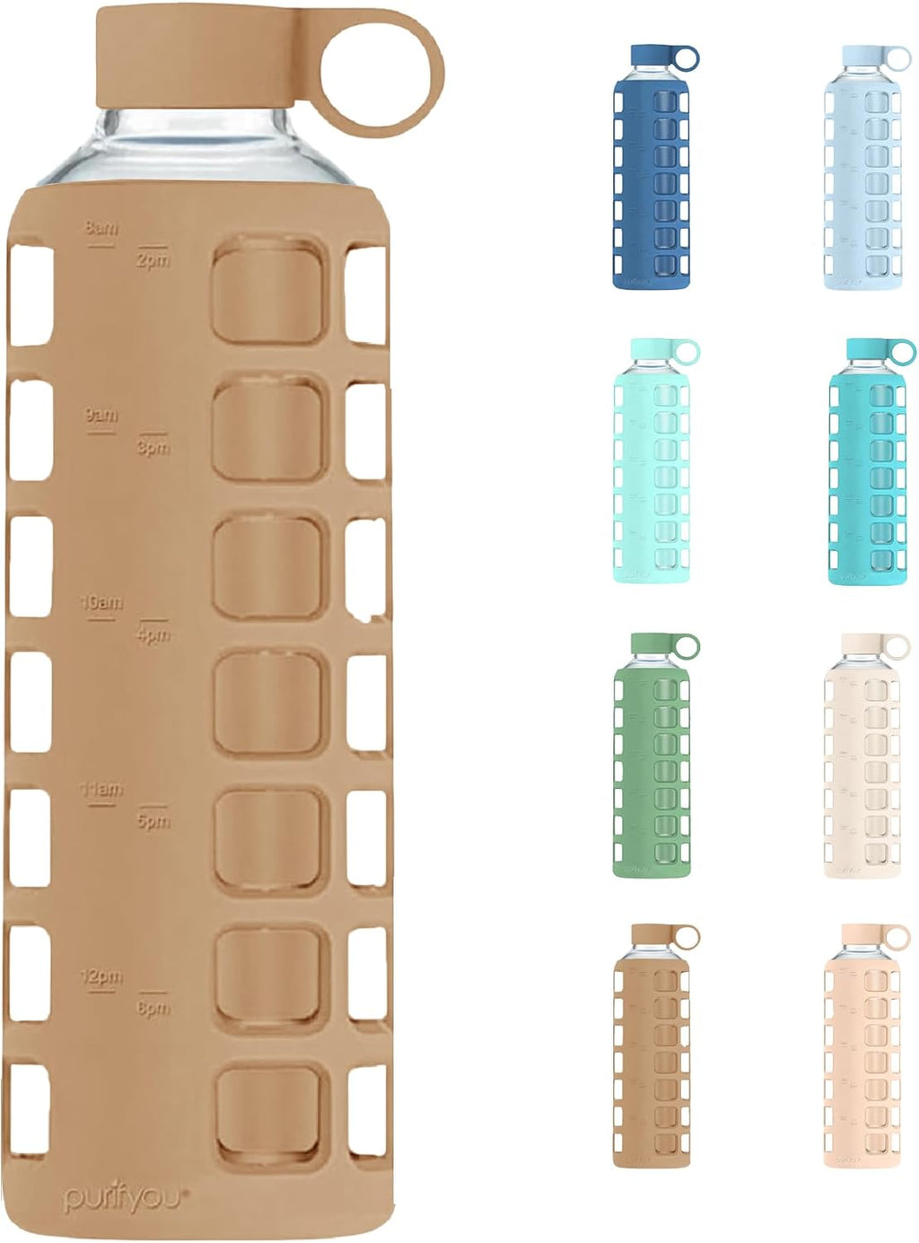 purifyou 40oz / 32oz / 22oz / 12oz Borosilicate Glass Water Bottle with Time & Volume Markers, Silicone Sleeve, Stainless Steel Lid | Reusable Glass Bottle for Water & Juice (40oz Iced Coffee)