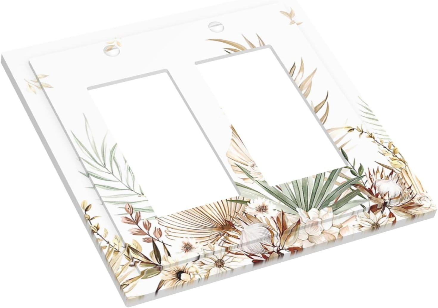 Decorative Outlet Covers Boho Leaves Watercolor Tan Leaf Floral Plant 2 Gang Double GFCI Rocker Electrical Wall Panels Light Switch Cover Plate for Bedroom Home Decor