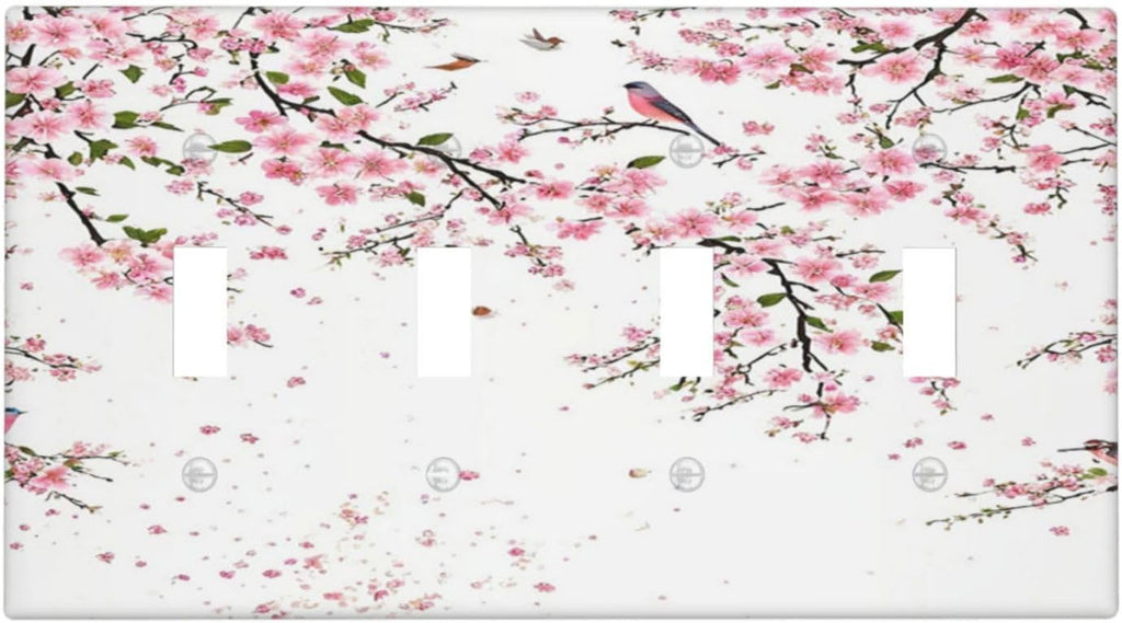 Decorative Light Switch Plate Covers Rustic Plum Blossom Pink Flowers 4 Gang Light Switch Cover Quad Toggle Wall Plate Outlet Covers for Country Home Bedroom Decor