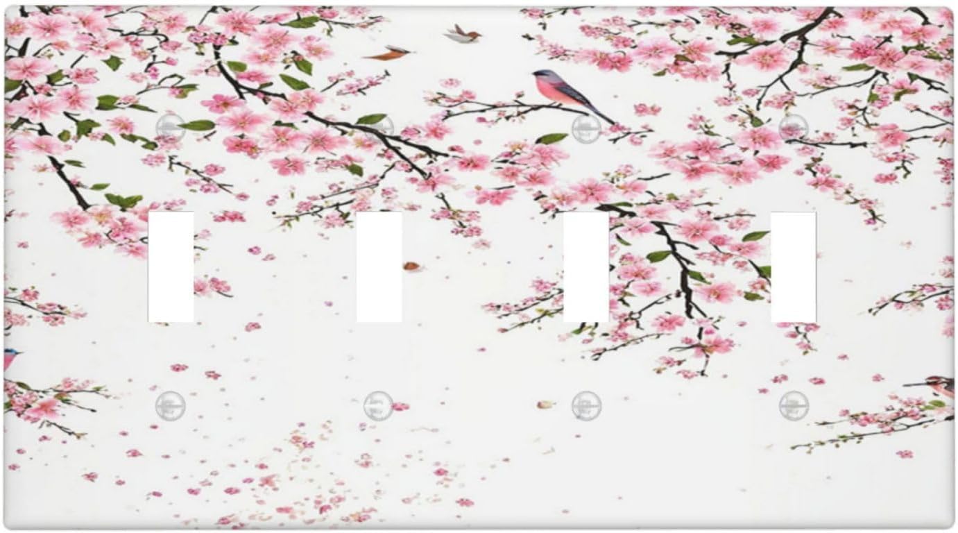 Decorative Light Switch Plate Covers Rustic Plum Blossom Pink Flowers 4 Gang Light Switch Cover Quad Toggle Wall Plate Outlet Covers for Country Home Bedroom Decor