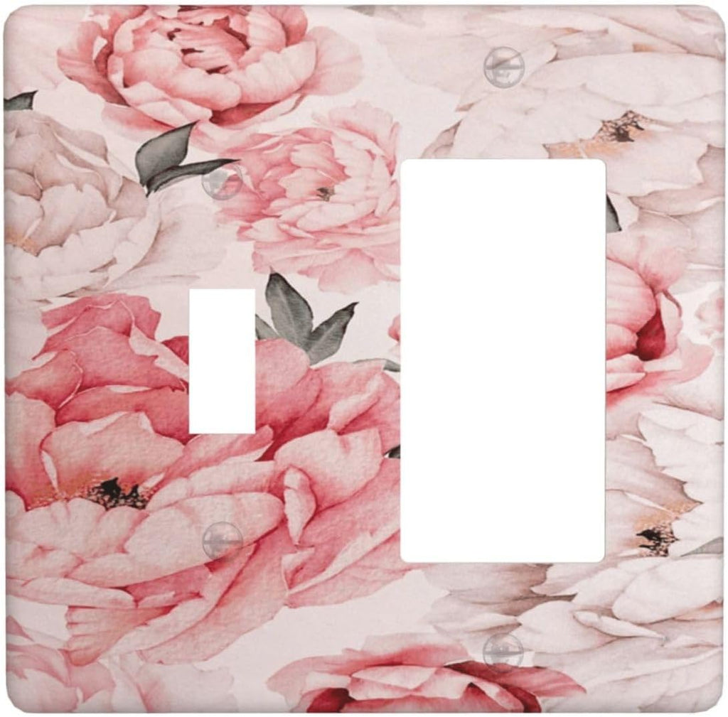 Decorative Outlet Covers Ink Pink Peony Flower Rustic Floral 2 Gang Wall Plate Single Toggle 1 Rocker Light Switch Cover Switch Plate Covers Faceplate for Home Bedroom Decor