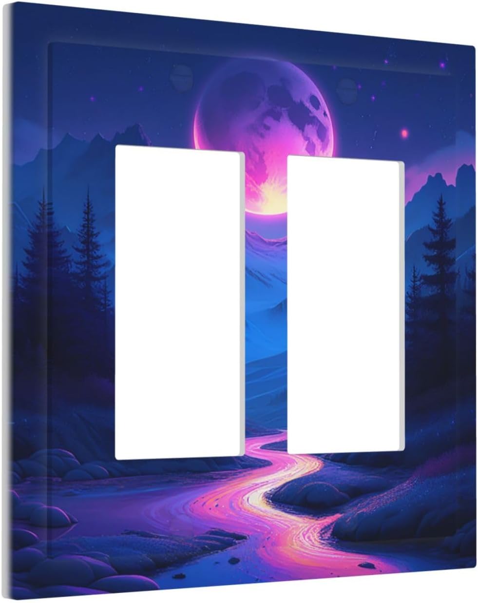 Purple Cyberpunk River Full Moon Mountain Forest Decorative Outlet Covers 2 Gang Double GFCI Rocker Light Switch Cover Plate Electrical Wall Panels for Bedroom Bathroom Decor