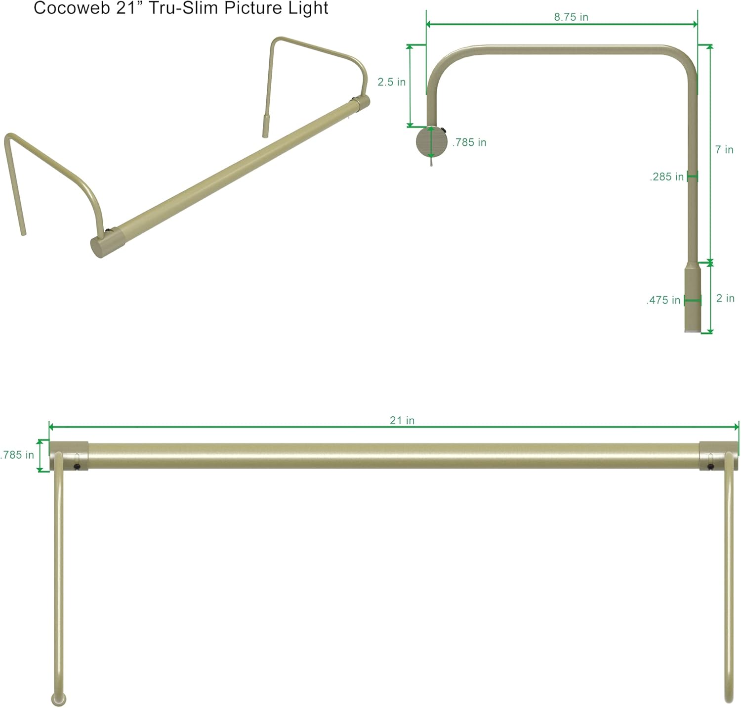 Cocoweb 21 Inch Tru-Slim Antique Brass Picture Light - LED, 2700K, Adjustable Arm, Plug-in, Toggle Switch, Sleek and Compact Design