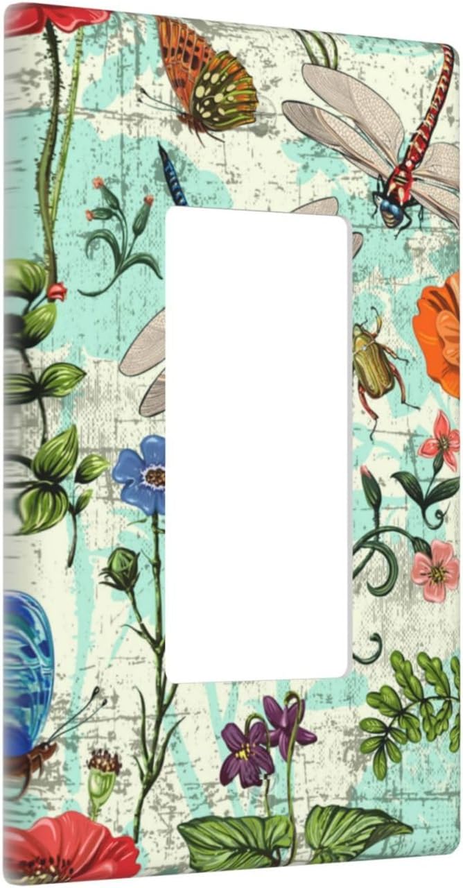 Dragonflies Flowers Butterfly 1 Gang Single Rocker Outlet Light Switch Cover Decorative Single Rocker Wall Plate Cover For Home Living Bedroom Kitchen Decorative