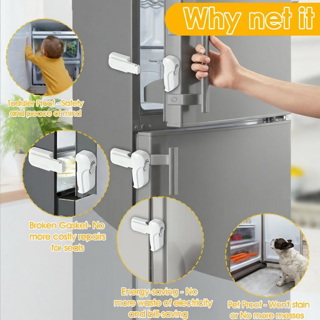 Fridge Locks for Kids - Fridge Lock & Refrigerator Lock, 2-Pack Dual Mode Child Proof Safety Lock, No-Drill 2 Extra Adhesive Freezer Lock & Freezer Door Latches to Keep Toddlers Safe (White)