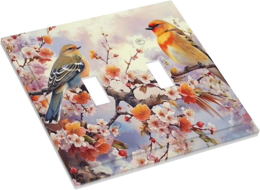 Birds Sitting on Flowers Tree Branch Light Switch Covers Double Toggle 2 Gang Wall Plate Dual Decorative Switch plate Electrical Faceplate for Farmhouse Living Room Decor