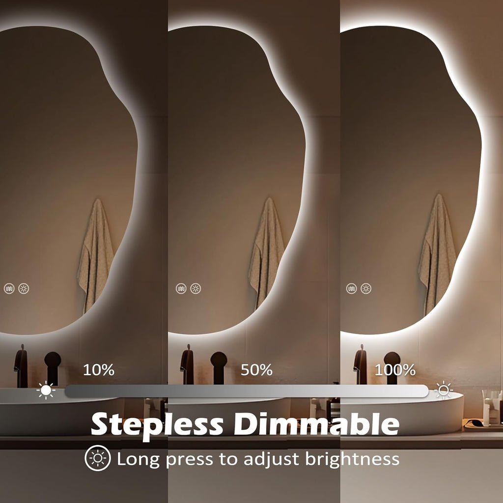LED Mirror for Bathroom 22x30 in, Stepless Dimmable Irregular Backlit Mirror with 3 Colors, Anti-Fog, Memory, Al-Alloy Lampshade, Frameless Vanity Mirror for Bathroom (Horizontal/Vertical)