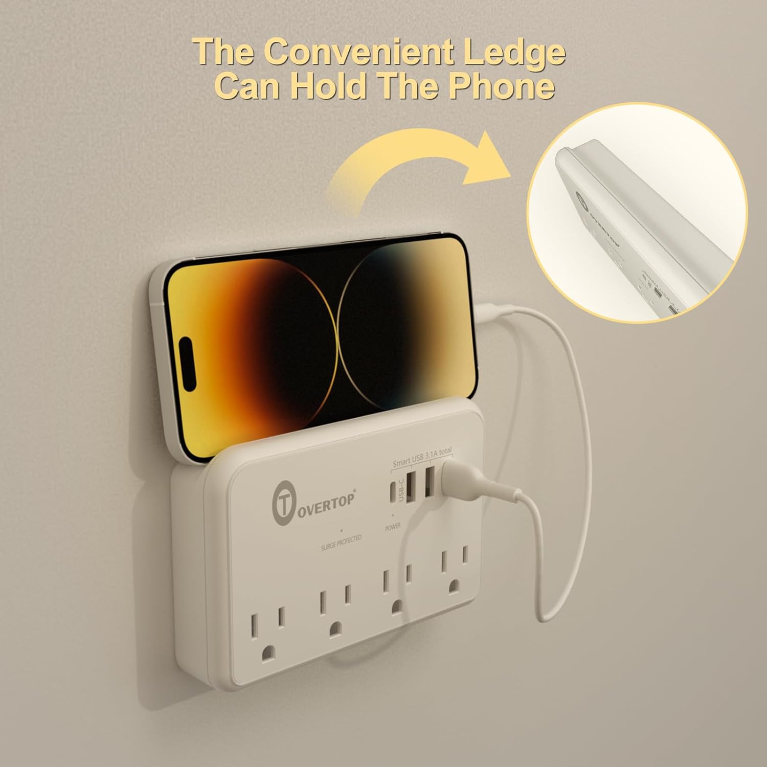 Overtop Wall Outlet Extender Surge Protector with 4 AC Outlets, 4 USB Ports(1 USB C) Multi Plug Expander Charger for Home, Dorm, Classroom, Travel