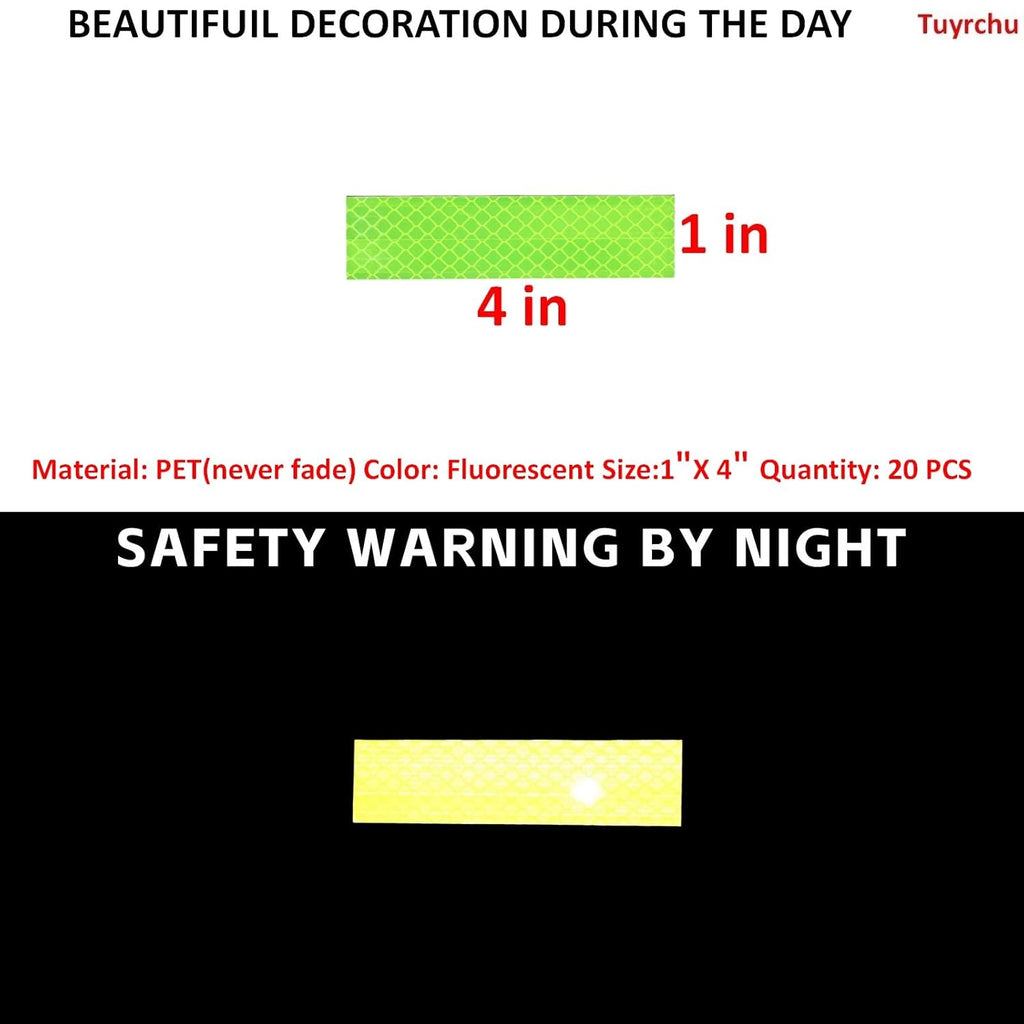Non Fading Fluorescent Yellow Reflective Stickers 1 inch X 4 inch, Outdoor Waterproof High Visibility Safety Adhesive Reflector (20 Pcs)