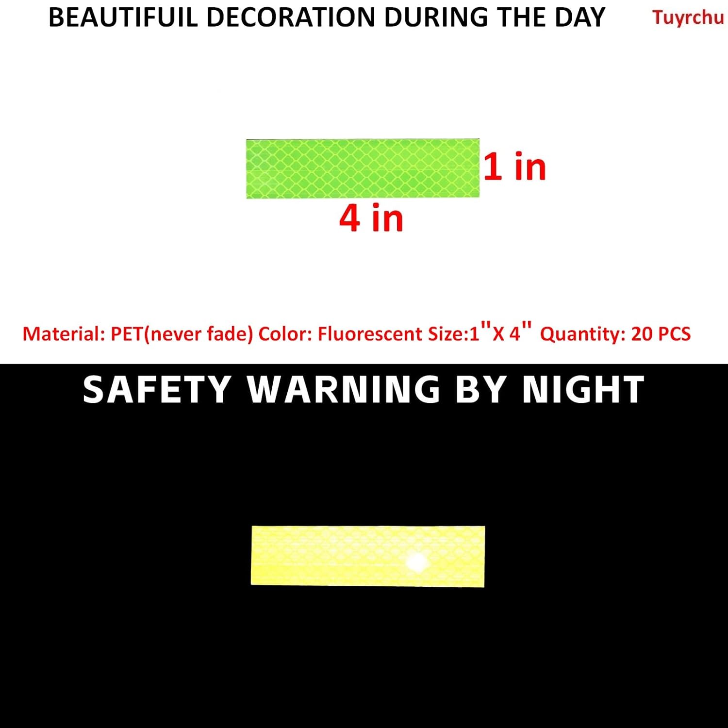 Non Fading Fluorescent Yellow Reflective Stickers 1 inch X 4 inch, Outdoor Waterproof High Visibility Safety Adhesive Reflector (20 Pcs)