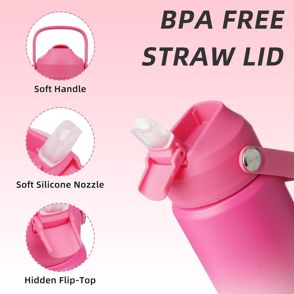 BJPKPK Insulated Water Bottle with Straw Lid, 18oz Thermo Water Bottles with Soft Nozzle, Flex Handle & Non-slip Boot, BPA Free Leak Proof Stainless Steel Metal Thermo, Tumblers, Cups,Cherry