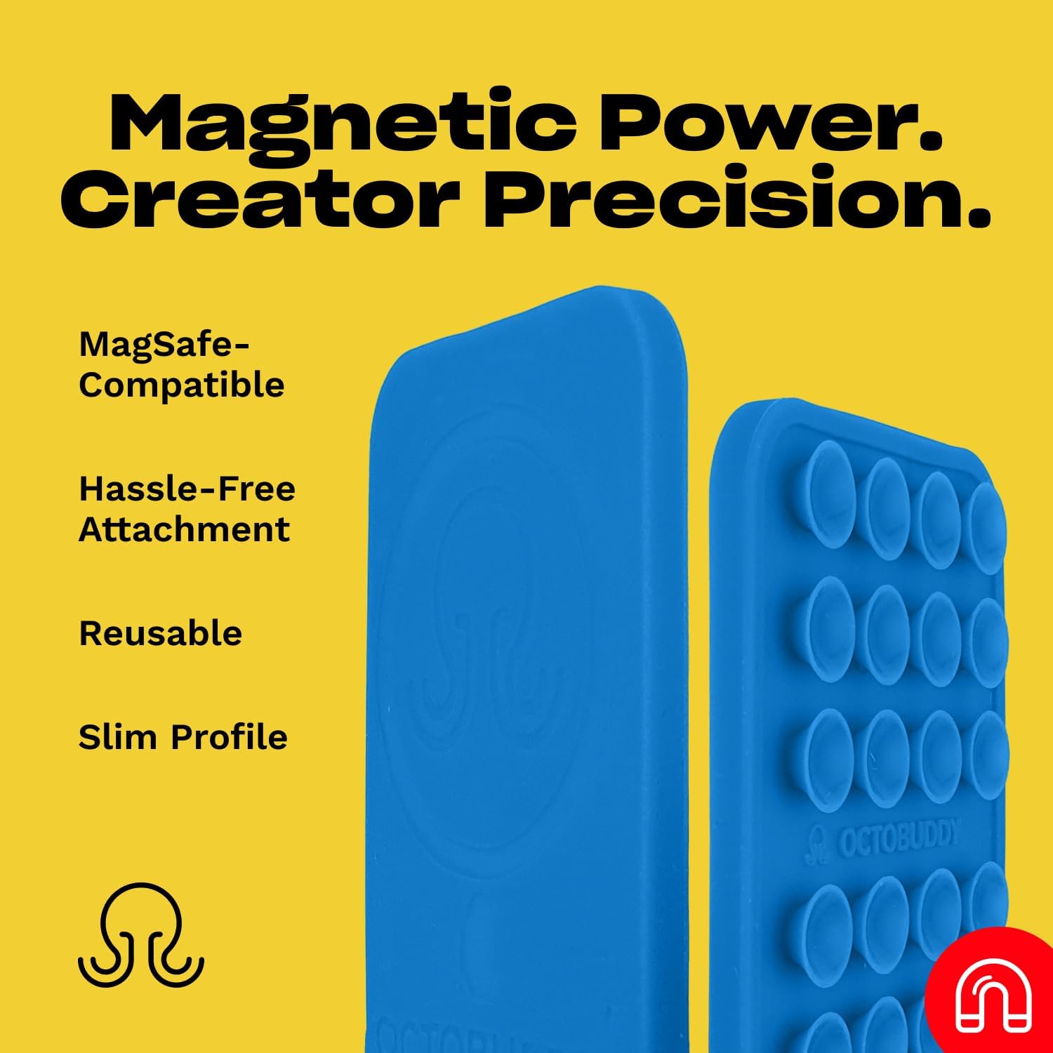OCTOBUDDY Magnet - Dual Magnetic & Suction Phone Mount - Magnetic-Compatible Silicone Mobile Holder - Hands-Free Selfies & Videos - Content Creator Accessory - 2.6″ x 3.9″, Baby Blue