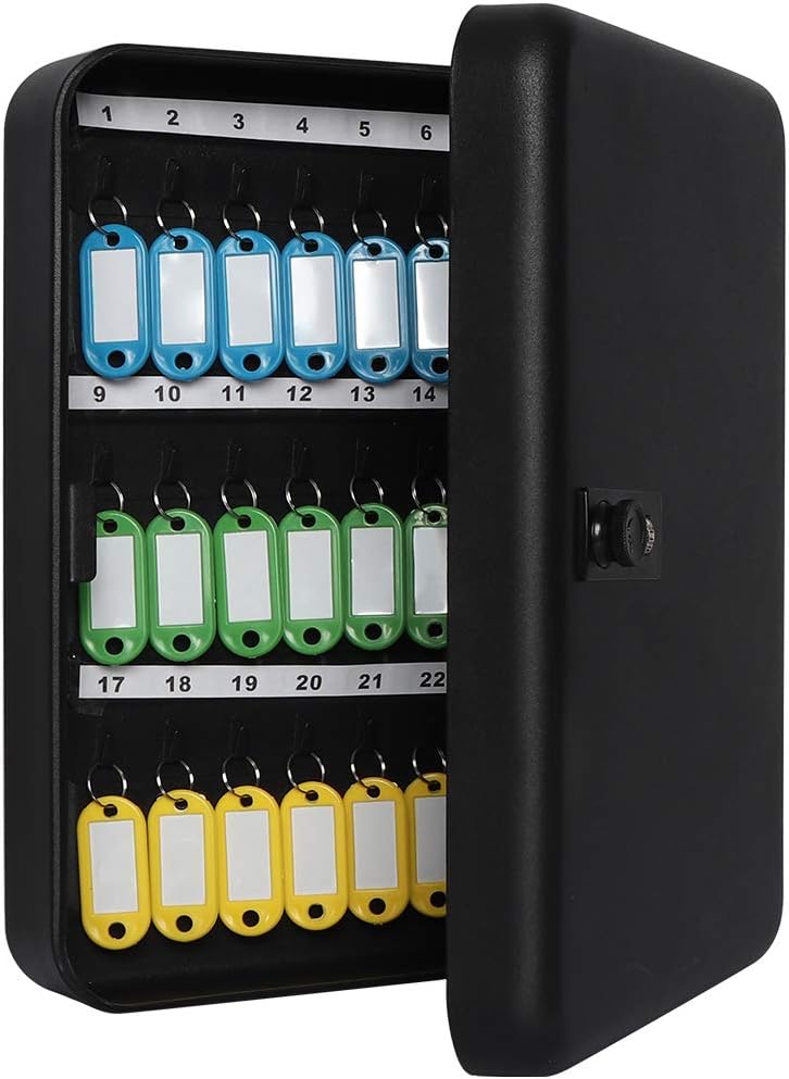Jssmst Wall Mount Key Storage Box with Code, Locking Key Cabinet Security, 48 Key Hooks & Tags Labels, 11.81 x 9.45 x 2.95 inches, Black Matt