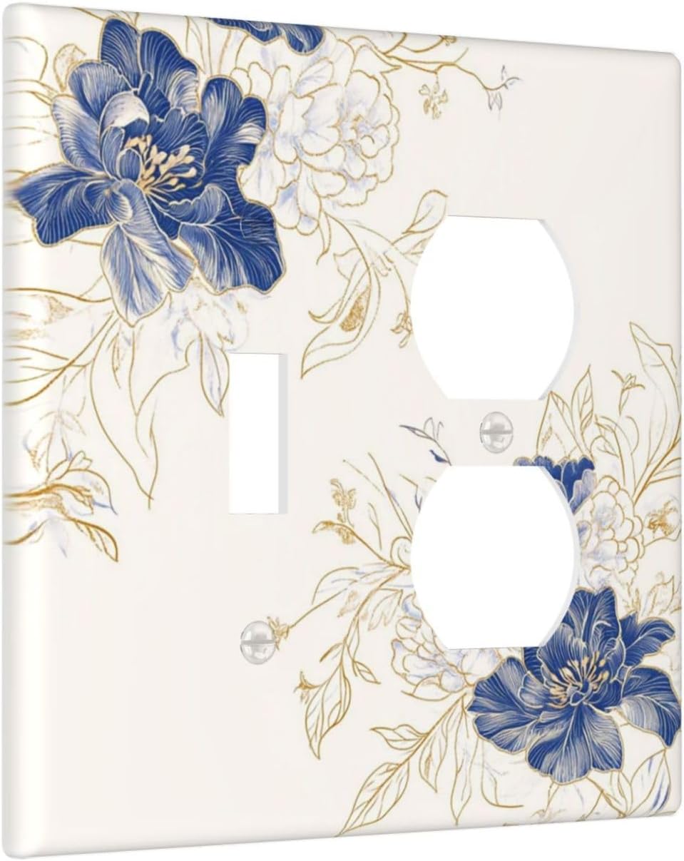 Decorative Outlet Covers Rustic Blue Flower Floral Gold Leaf 2 Gang Light Switch Cover Plate Single Toggle Duplex Wall Plates for Electrical Outlets Switch Plate Covers for Home Decor