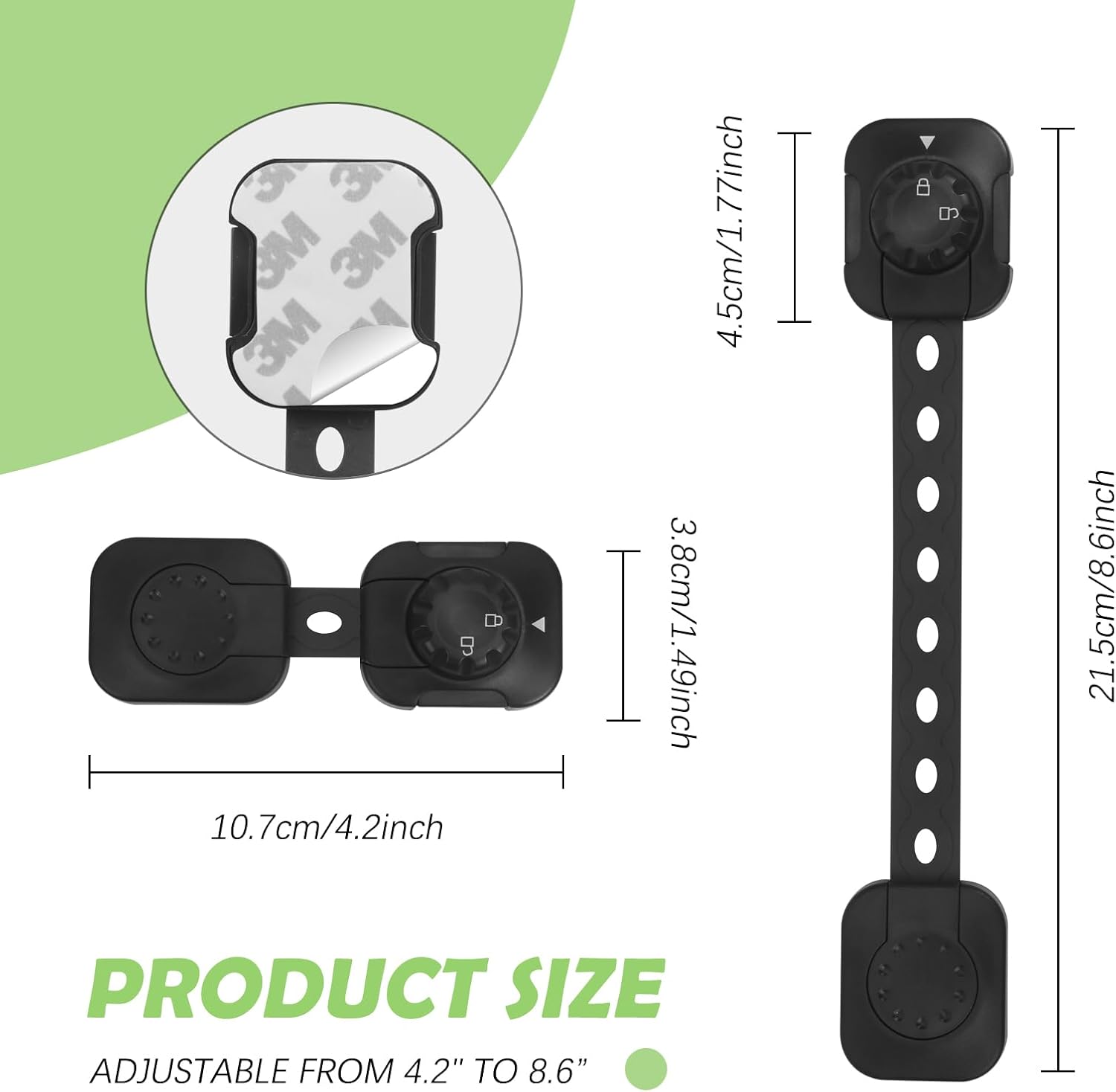 Songaa Child Safety Cabinets Strap Locks 4 Pack - Adjustable Baby Proofing Cabinet Latches for Drawers, Oven, Dishwasher, Fridge, Toilet Seat, Trash Can, with 3M Adhesive Pads - Black