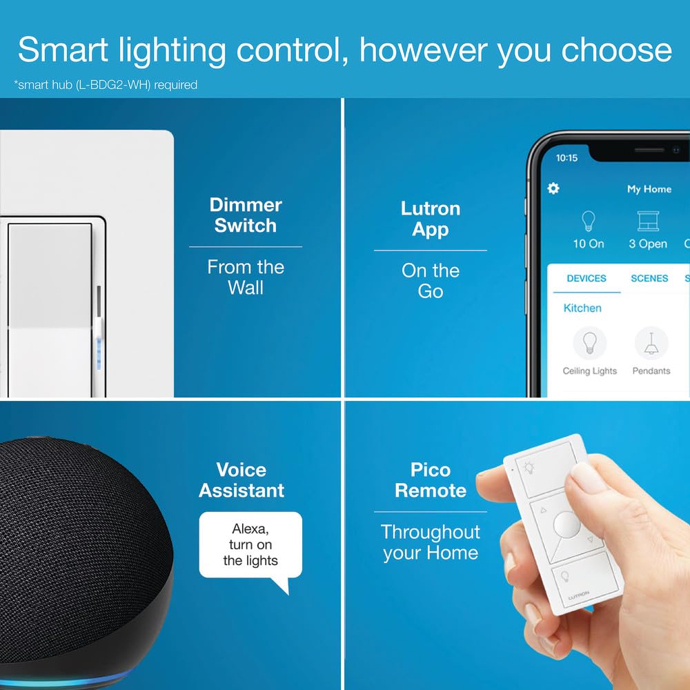 Lutron Diva Smart Dimmer Light Switch for Caseta Lighting (Lutron Smart Hub Required), for LED Lights, 150W, Single-Pole/3-Way, No Neutral, Gray (DVRF-6L-GR)