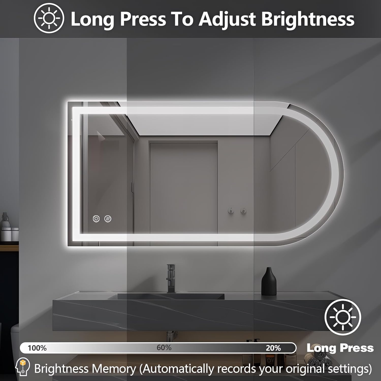 Niccy Arched LED Mirror for Bathroom, 55x30 Vanity Mirror with Light Frameless Bathroom Mirror, Smart Lighted Frontlit Mirrors with Memory Function for Bathroom Bedroom Beauty Hair Salon