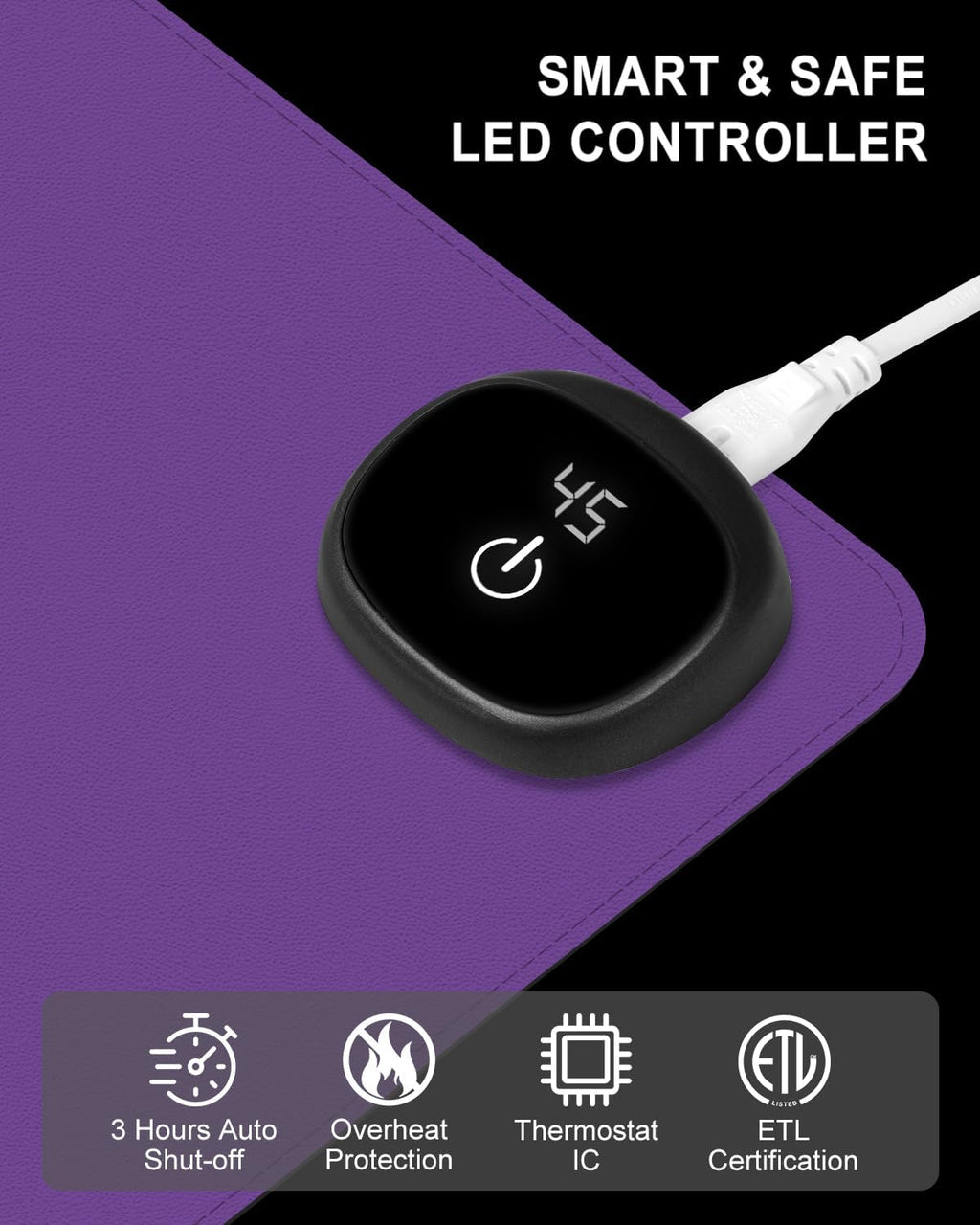 Heated Desk Pad, 23.6" x 14.2" Leather Non-Slip Warm Desk Pad, Large Mouse Mat with 3 Levels Heating & 3 Hours Auto Shut-Off, Hand and Foot Warmer for Office, Home, Purple