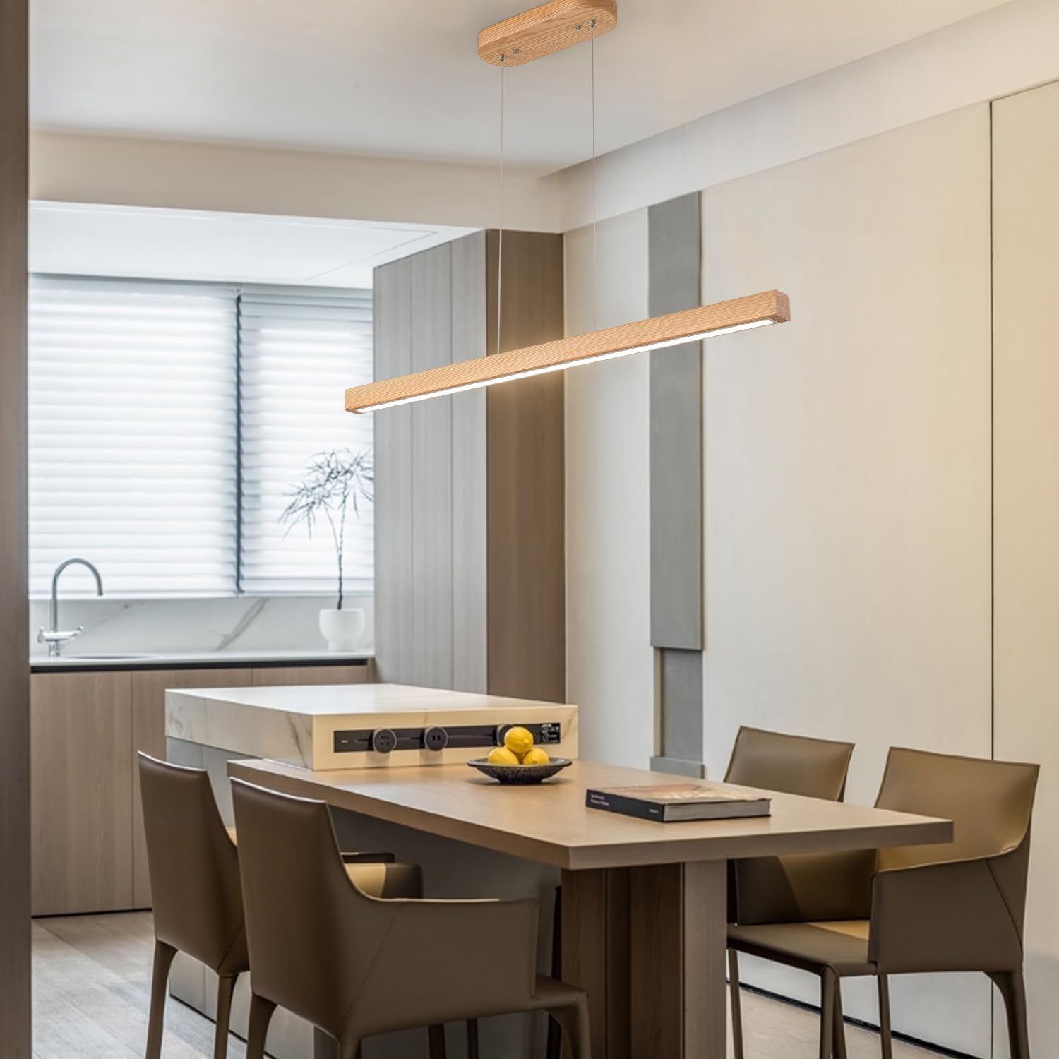 39" Wood Linear Pendant Light Fixture Modern LED Pendant Lights Led Dimmable Chandelier with Remote Control Ceiling Hanging Lights Pool Table Lights for Dining Room Kitchen Island Lights Natural