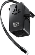 DOACE Universal Travel Adapter, 140W GaN 3.0 European Travel Plug Adapter with Built-in USB-C Cable, 6 in 1 USB-C PD Fast Charging Universal Adapter for Worldwide Travel-EU/UK/USA/AUS