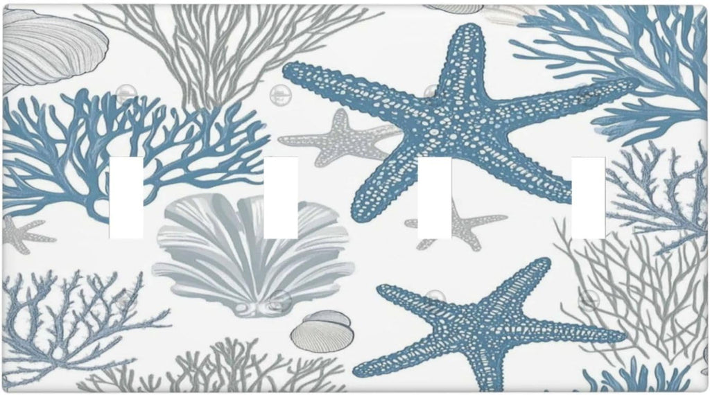 Blue Starfish Nautical Beach Conch Coastal Coral Shell Light Switch Covers Quad Toggle Electrical Faceplate 4 Gang Wall Plate Decorative Switch Plates For Kids Room Bathroom Decor