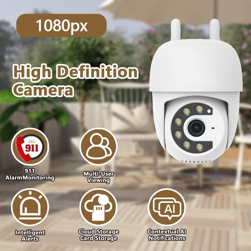 Outdoor Security Camera 355° Pan 90° Tilt Dual Light Full-Color Night Vision 2.4G WiFi Home Surveillance with Two-Way Audio & Infrared Vision, Compatible with 911 Center, Instavision APP