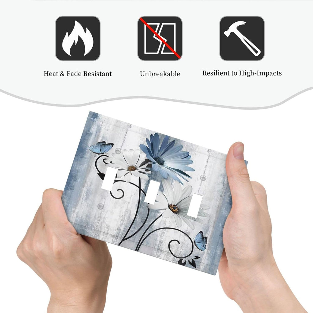 Decorative Light Switch Cover Plate Rustic Blue White Daisy Ink Flower 3 Gang Wall Plates for Electrical Outlets Triple Toggle Switch Plate Covers Outlet Covers Faceplate for Home Decor