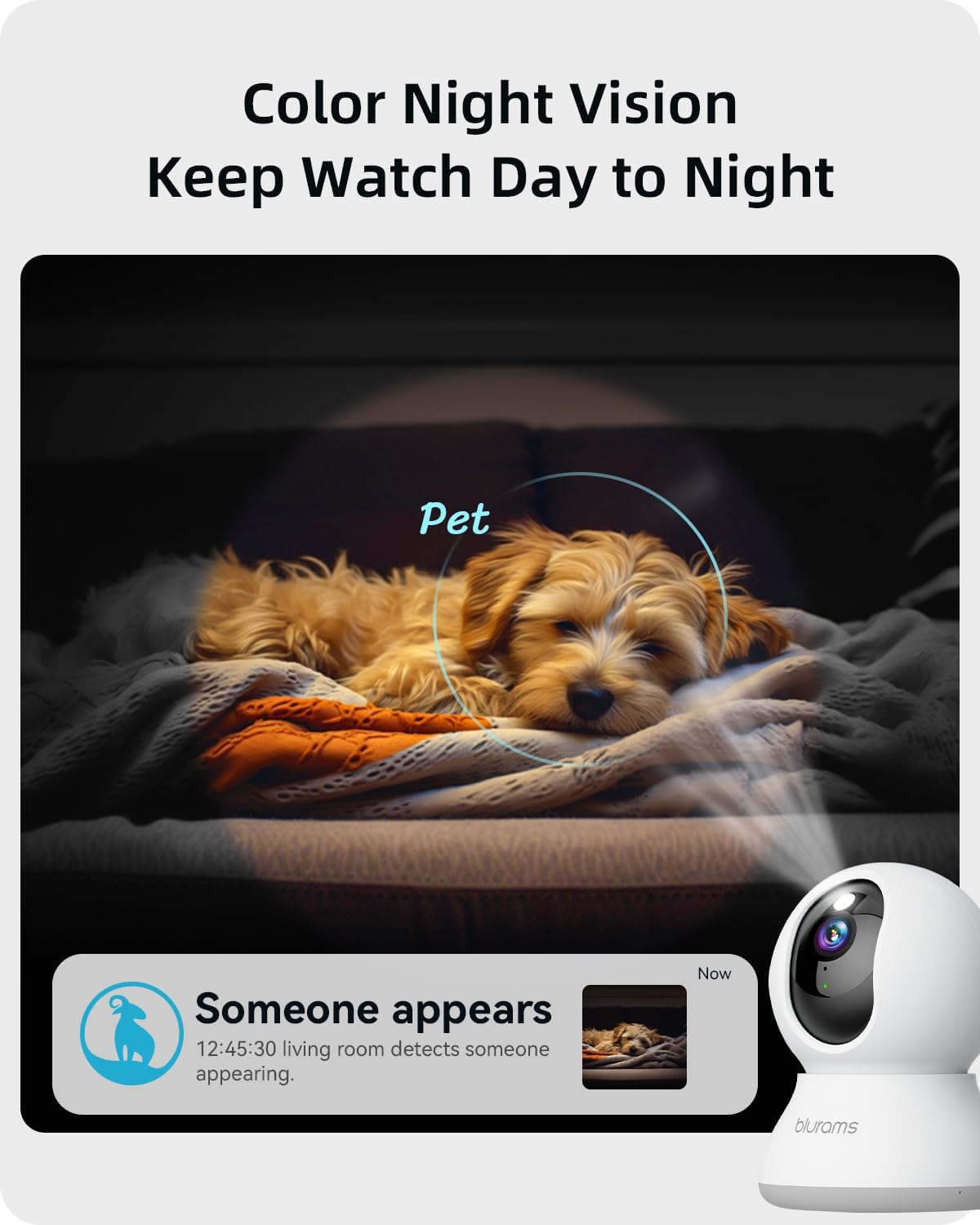 Security Camera 2K, blurams Baby Monitor Dog Camera 360-degree for Home Security w/Smart Motion Tracking, Phone App, IR Night Vision, Siren, Works with Alexa & Google Assistant & IFTTT, 2-Way Audio