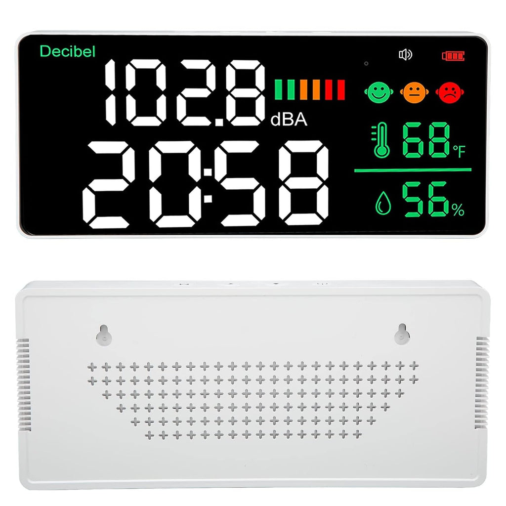 Decibel Meter 11 Inch LED Screen, Wall Mounted Sound Level Reader 30 to 130db, Time Temperature Humidity Display - Sensor, Adjustable Brightness, Ideal for Noise