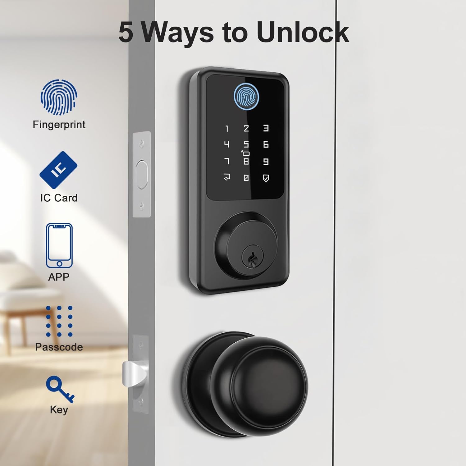 Smart Door Lock with Door Knobs, Fingerprint Door Lock with Handle, Black Smart Lock Round Handles for Home, Apartment