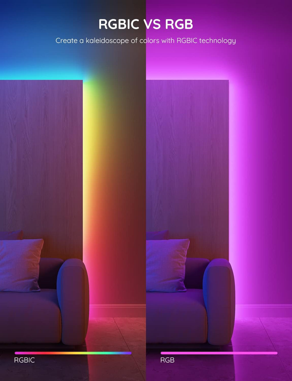 Govee 100ft RGBIC LED Strip Lights, Smart LED Lights for Bedroom, Bluetooth LED Strip Lights APP Control, DIY Multiple Colors on One Line, Color Changing LED Lights for Bedroom Decor, 2 Rolls of 50ft