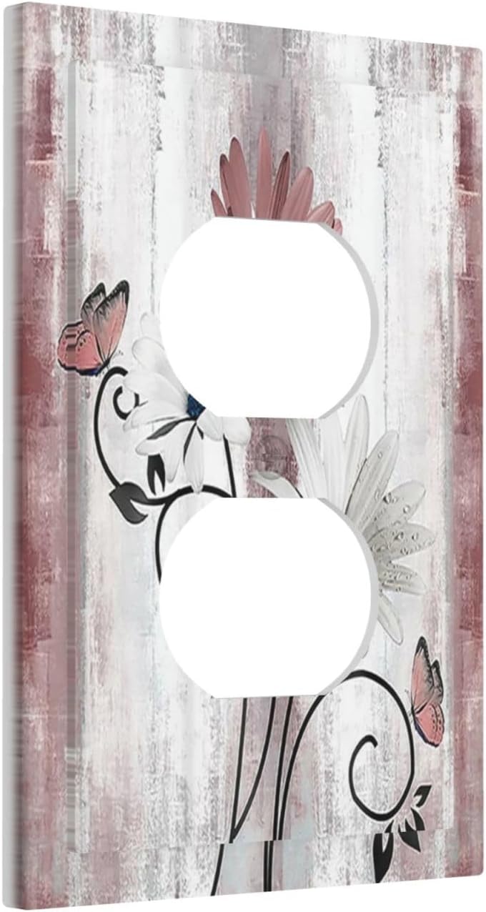 Outlet Covers Pink White Daisy Butterfly Wood Grain 1 Gang Duplex Wall Plate Decorative Switch Plates Electrical Receptacle Faceplate Light Switch Cover for Farmhouse Bathroom Decor