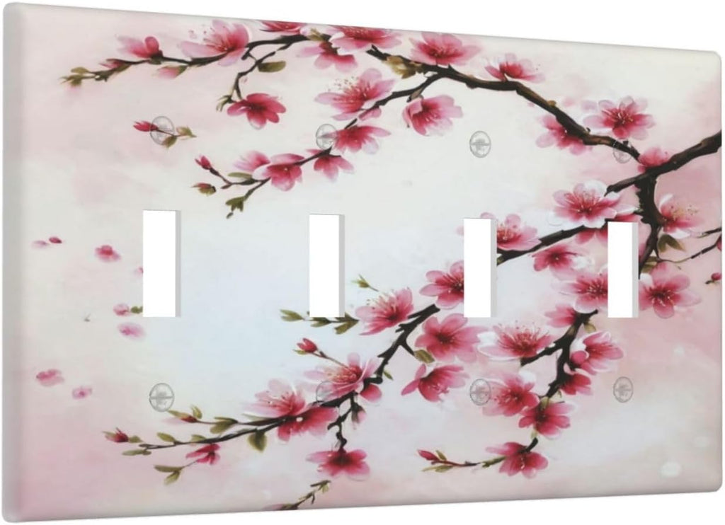 Branch with Pink Flowers Light Switch Covers Quad Toggle 4 Gang Wall Plate Decorative Switchplate Electrical Faceplate for Farmhouse Bathroom Living Decor