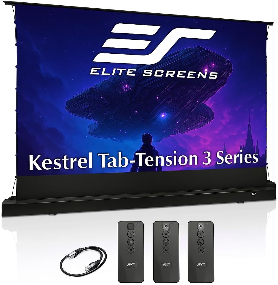 EliteProjector Screens Kestrel Tab-Tension 3 CineWhite, 183" Diag., 16:9 Aspect Ratio, ISF Certified 4K/8K Ultra HD Electric Floor-Rising Motorized Tab-Tensioned Front Projector Screen, FTE183H3