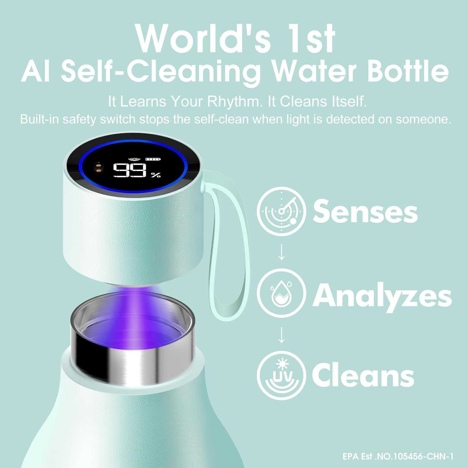 VSITOO 33oz Smart Self Cleaning Water Bottle，Insulated Water Bottle with Stainless Steel, BPA-Free, AI Self-Clean, 30-Day Battery, Magnetic Charging for Travel, Gym or Office, Blue