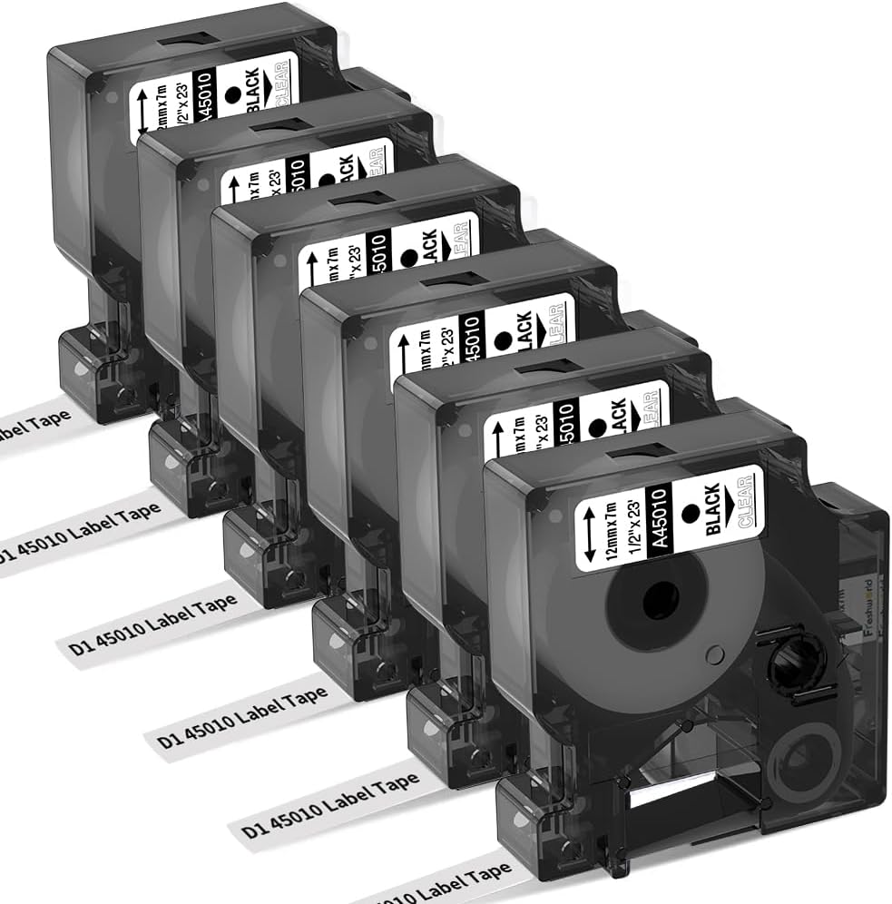 Freshworld Compatible with Dymo Label Maker Refills d1 Replace for Dymo D1 Label Tape 45010,Black on Clear,1/2 In x 23 Ft,for LabelManager 160 210D 260P 280 360D 420P PnP 220P 260P 500TS 450DUO,6-Pack