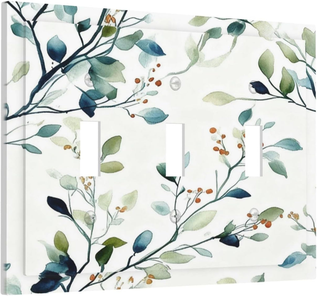 Decorative Light Switch Cover Plate Eucalyptus Leaf Geen Sage Leaves 3 Gang Wall Plates for Electrical Outlets Triple Toggle Switch Plate Covers Outlet Covers Faceplate for Bedroom Home Decor