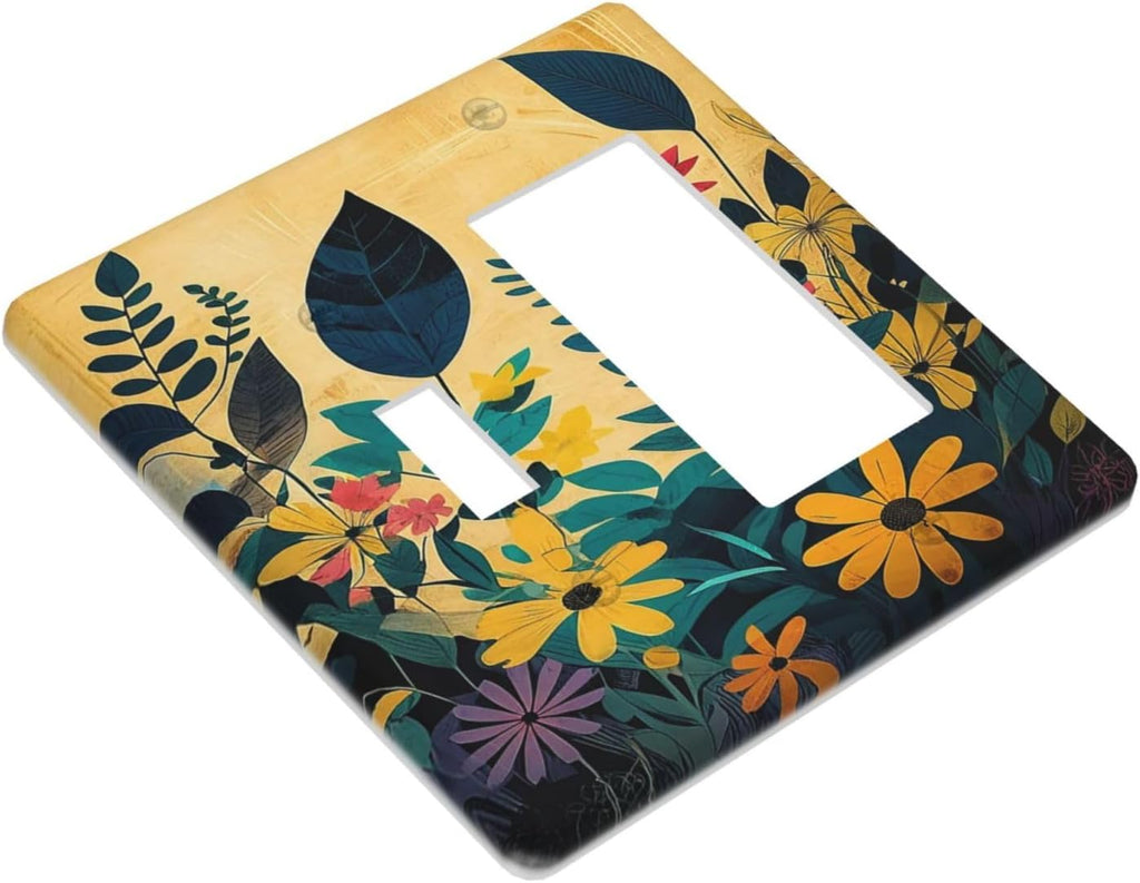 Abstract Minimalist Floral Botanical Boho Flower 2 Gang Combo 1 Toggle 1 Rcoker Light Switch Covers Decorative Switch Plates Electrical Switch Plates and Outlet Covers for Home Art Decor 4.5 X 4.5 IN