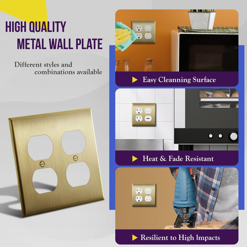 ENERLITES Double Duplex Receptacle Metal Wall Plate, Stainless Steel Outlet Cover, Corrosion Resistant, Size 2-Gang 4.50" x 4.57", Stainless Steel 201, 7722-BB, Brushed Brass, Gold