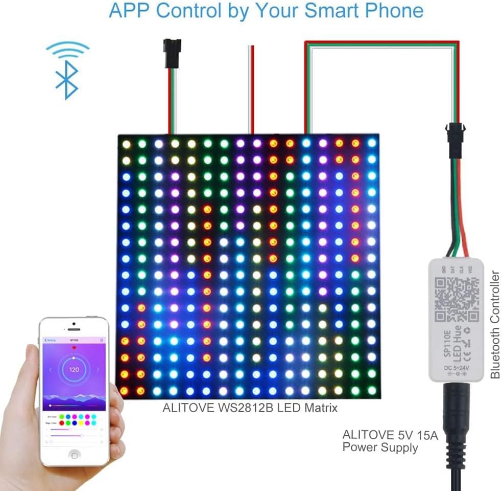ALITOVE WS2812B WS2811 Addressable LED Bluetooth Controller iOS Android App Wireless Remote Control DC 5V~24V for SK6812 SK6812-RGBW WS2812 SM16703 Dream Color Programmable RGB LED Strip Pixel