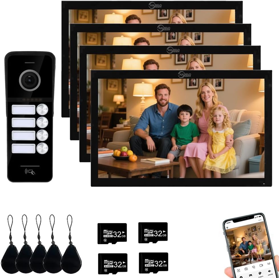 ANJIELO SMART Wired Video Doorbell Apartment Intercom System,4 Family Units 10 Inch Touch Monitor,3 in 1 Unlocking,Dual Way Intercom Motion Detection Tuya for Villa Home (1 Doorbell(b)+ 4 Monitor(b))