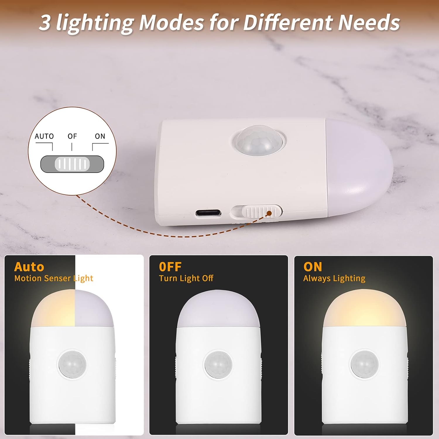 Motion Sensor LED Night Lights Warm White with Adjustable Brightness Rechargeable Battery, with Hook and Stick-On for Cabinet, Wardrobe,Closet,Hallway, Stairs (1 Pack)