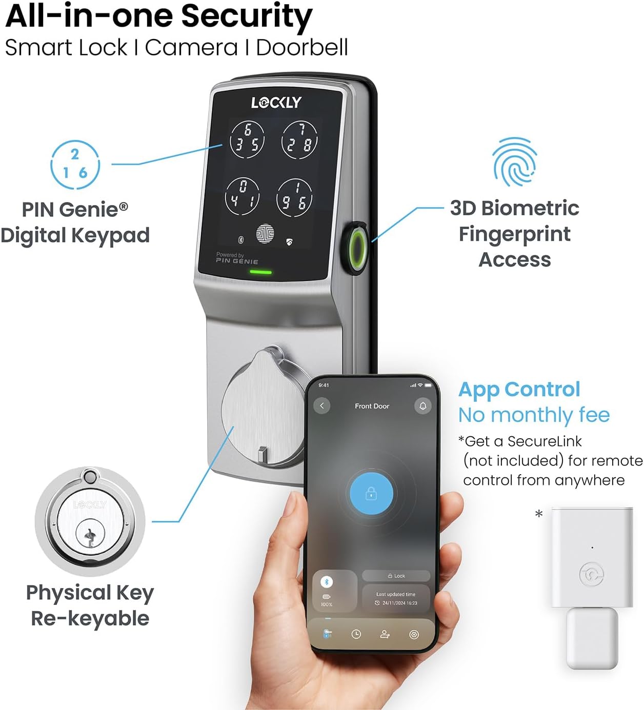 Lockly Secure Plus, Keyless Entry Door Lock, Smart Locks for Front Door, Smart Lock Deadbolt, PIN Genie® Keypad, 3D Biometric Fingerprint Sensor, Auto Lock Smart Door Lock